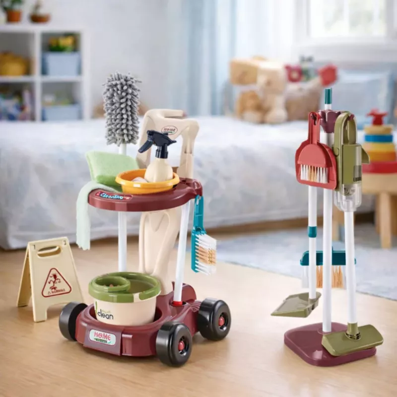 LEAN TOYS Bērnu tīrīšanas komplekts ar ratiņiem, slotu, spaini un putekļu sūcēju, 26 daļas