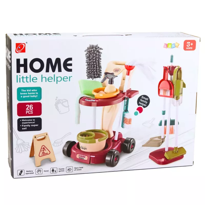 LEAN TOYS Bērnu tīrīšanas komplekts ar ratiņiem, slotu, spaini un putekļu sūcēju, 26 daļas