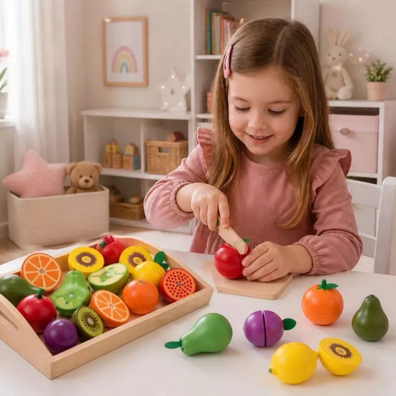 LEAN TOYS Koka augļu griešanas komplekts ar magnētisku drošu nazi un griešanas dēli