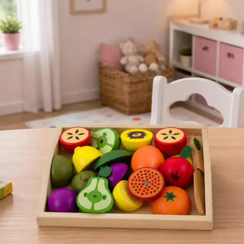 LEAN TOYS Koka augļu griešanas komplekts ar magnētisku drošu nazi un griešanas dēli