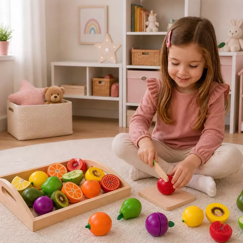 LEAN TOYS Koka augļu griešanas komplekts ar magnētisku drošu nazi un griešanas dēli