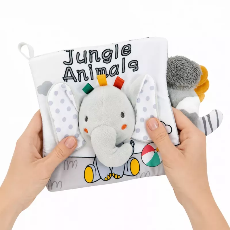 LEAN TOYS Mīkstā sensoriskā grāmatiņa ar šalkojošu un čīkstošu ziloni, pelēka