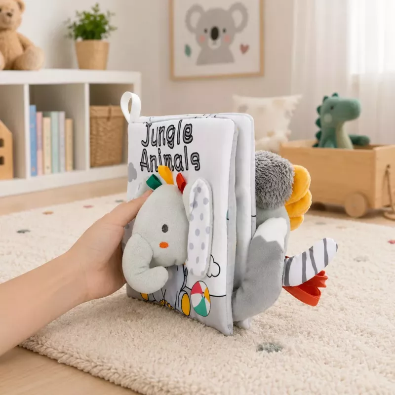 LEAN TOYS Mīkstā sensoriskā grāmatiņa ar šalkojošu un čīkstošu ziloni, pelēka