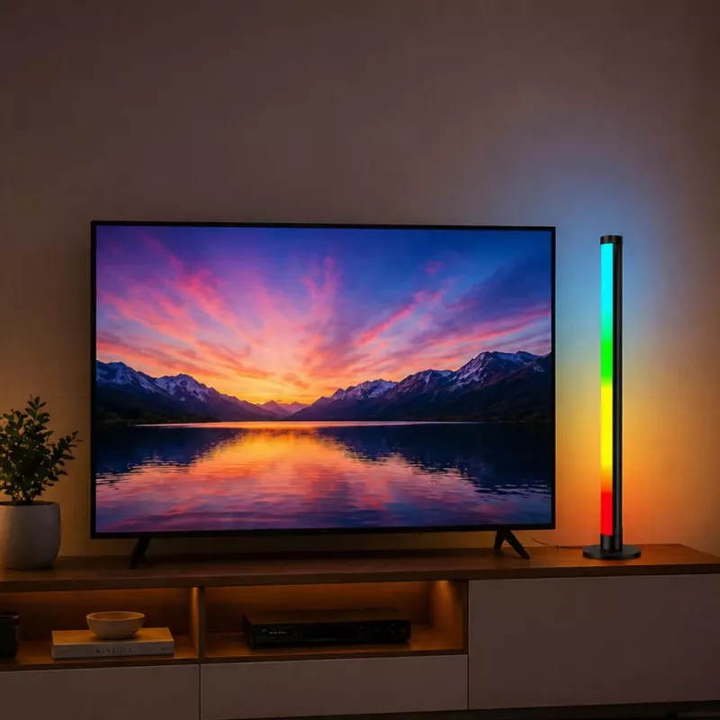 LEAN RGB LED stūra grīdas lampa ar mūzikas režīmu, tālvadības pulti un lietotni, 90 cm