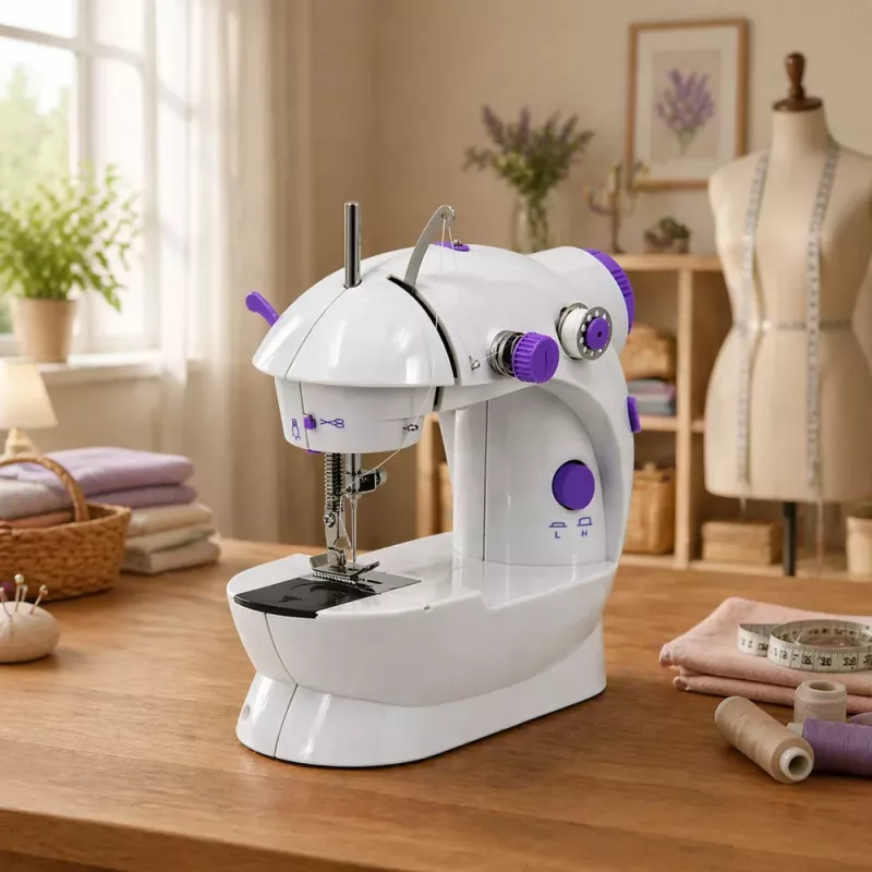 LEAN Mini šujmašīna ar LED gaismu, portatīva, 2 režīmi, aksesuāri, kājas pedālis