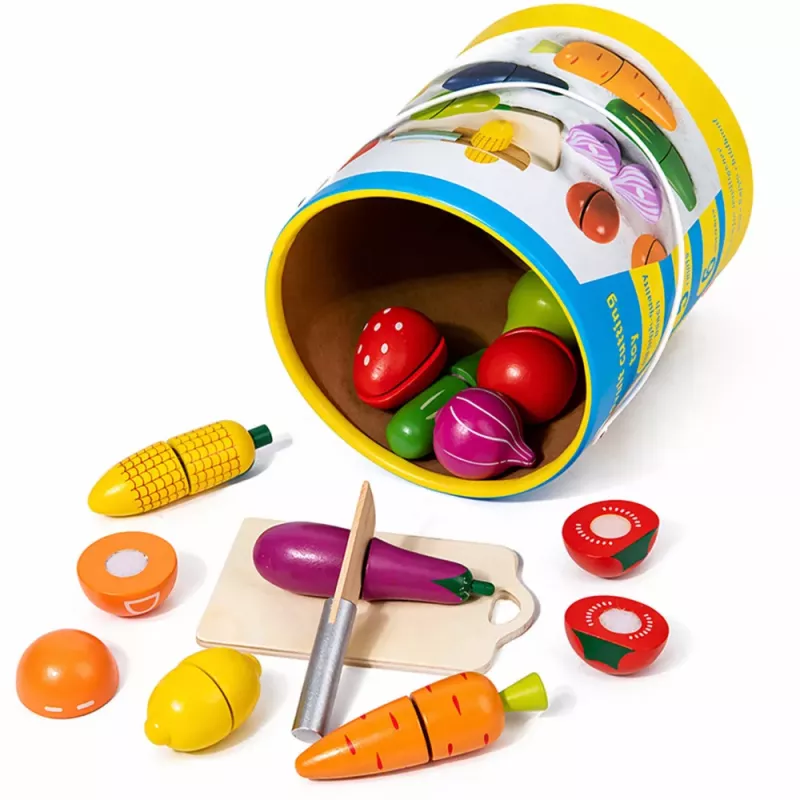 LEAN TOYS Koka augļu un dārzeņu griešanas dēlis ar drošības nazi un spainīti 13 gab.