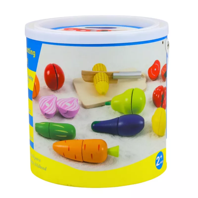LEAN TOYS Koka augļu un dārzeņu griešanas dēlis ar drošības nazi un spainīti 13 gab.