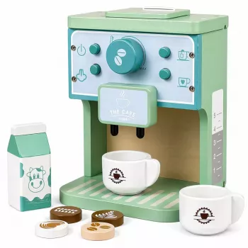 LEAN TOYS Koka kafijas automāta komplekts ar krūzēm, pienu un aksesuāriem bērniem