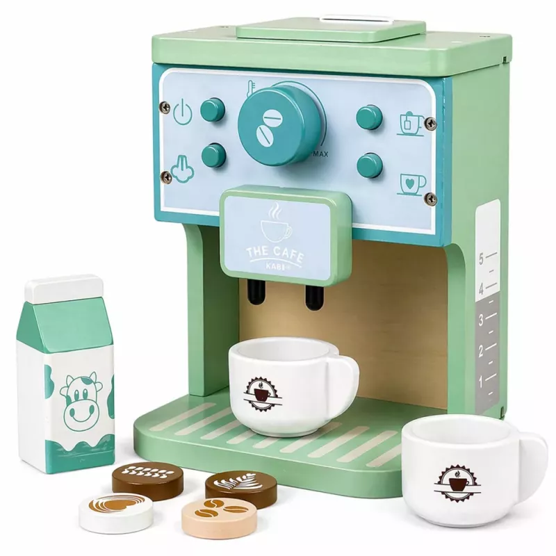 LEAN TOYS Koka kafijas automāta komplekts ar krūzēm, pienu un aksesuāriem bērniem