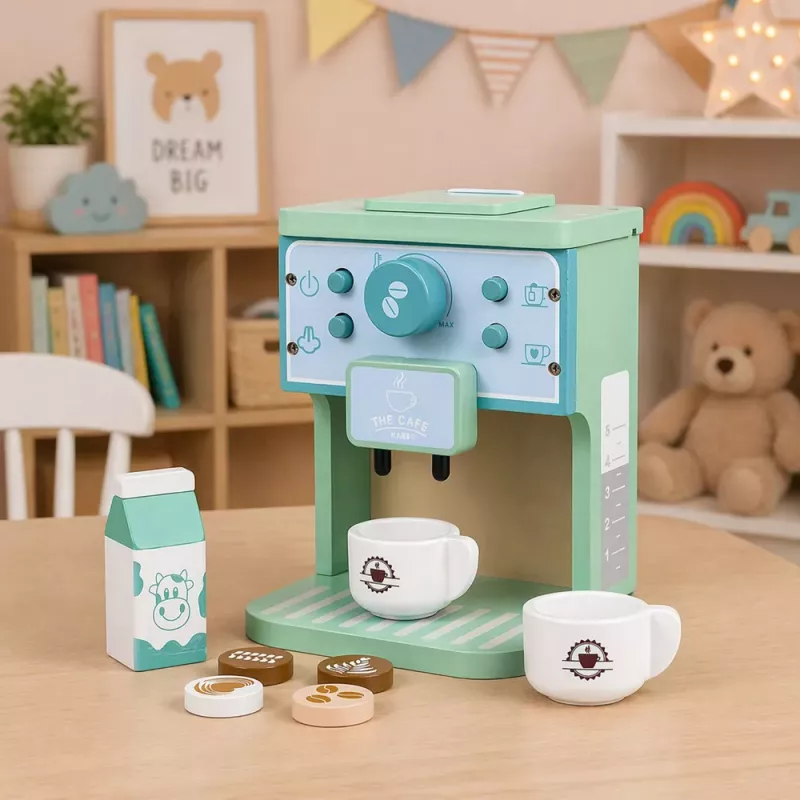 LEAN TOYS Koka kafijas automāta komplekts ar krūzēm, pienu un aksesuāriem bērniem