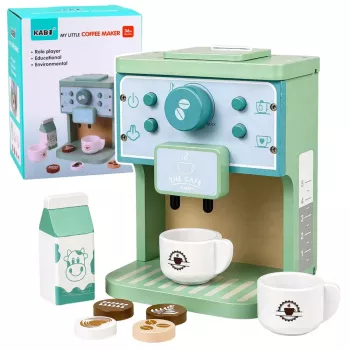 LEAN TOYS Koka kafijas automāta komplekts ar krūzēm, pienu un aksesuāriem bērniem