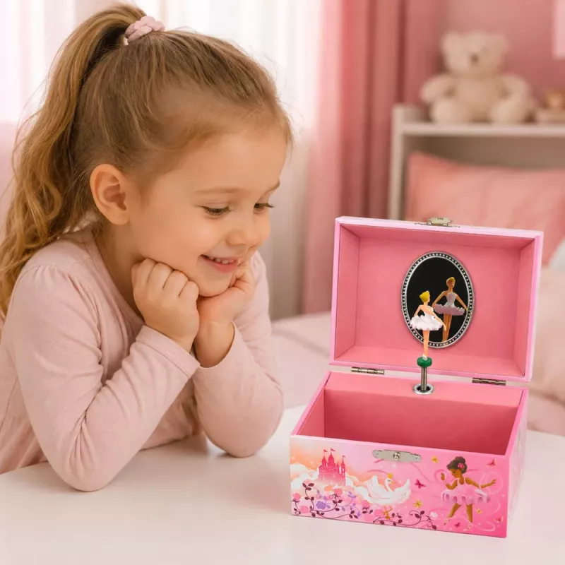 LEAN TOYS Uztināmā mūzikas kastīte un rotaslietu kastīte bērniem ar spoguli rozā