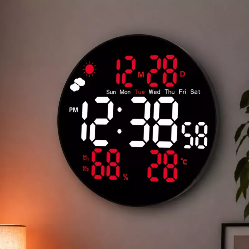 LEAN Digital LED sienas pulkstenis ar datumu, temperatūru, mitrumu, modinātāju un tālvadības pulti 25 cm
