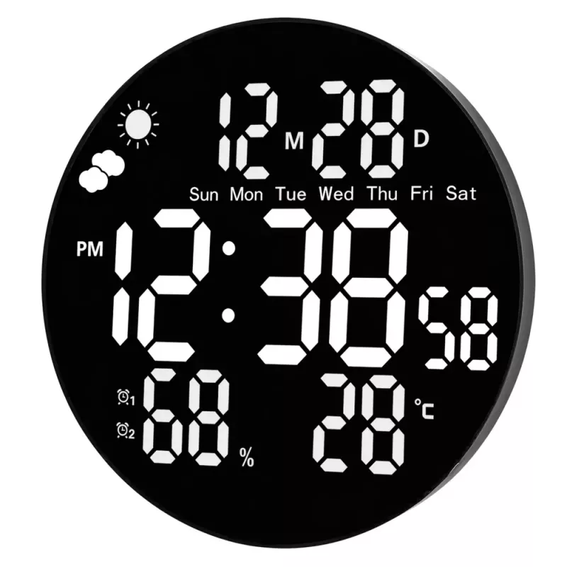 LEAN Digital LED sienas pulkstenis ar datumu, temperatūru, mitrumu, modinātāju un tālvadības pulti 25 cm