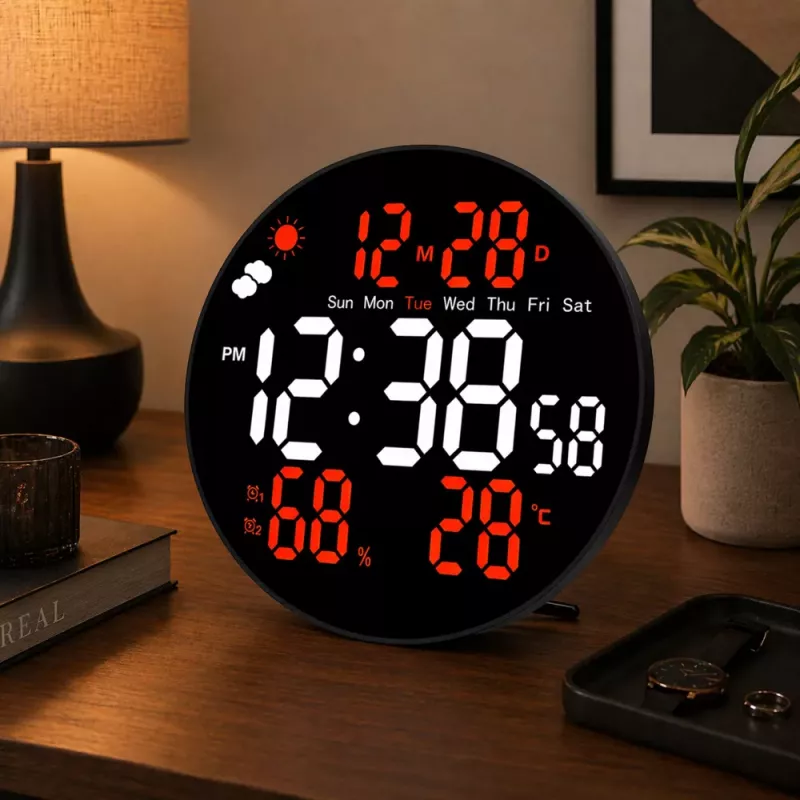 LEAN Digital LED sienas pulkstenis ar datumu, temperatūru, mitrumu, modinātāju un tālvadības pulti 25 cm