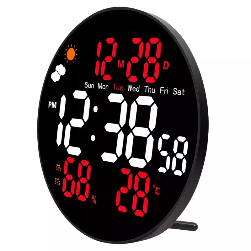 LEAN Digital LED sienas pulkstenis ar datumu, temperatūru, mitrumu, modinātāju un tālvadības pulti 25 cm