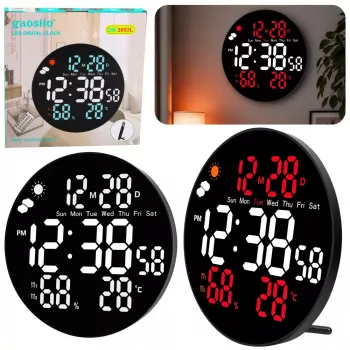 LEAN Digital LED sienas pulkstenis ar datumu, temperatūru, mitrumu, modinātāju un tālvadības pulti 25 cm