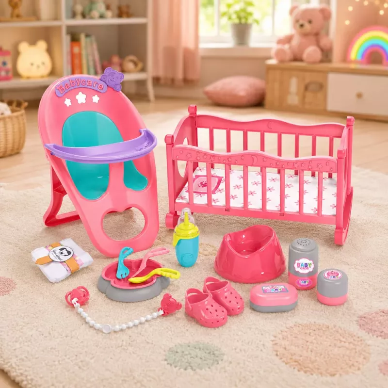 LEAN TOYS Interaktīvā lelle ar urinēšanas funkciju, ratiņi, šūpulis un aksesuāri 3-in-1 komplekts