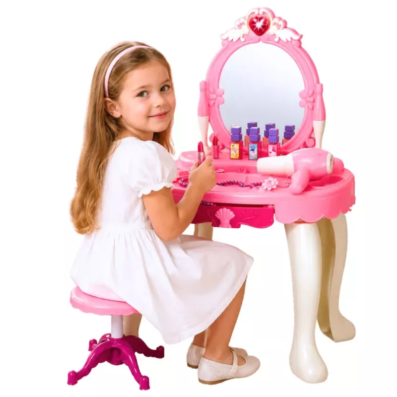 LEAN TOYS Bērnu tualetes galdiņš ar krēslu, gaismām, fēnu, aksesuāriem, skaņām, rozā