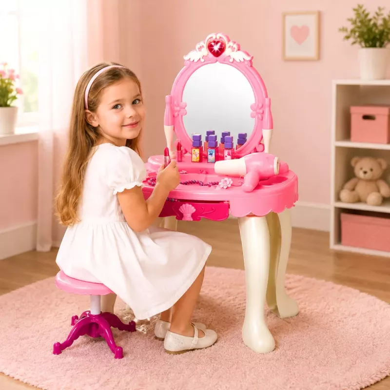 LEAN TOYS Bērnu tualetes galdiņš ar krēslu, gaismām, fēnu, aksesuāriem, skaņām, rozā