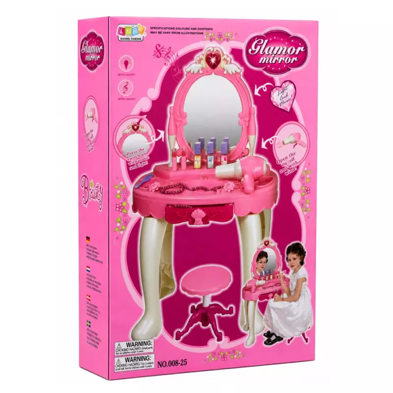 LEAN TOYS Bērnu tualetes galdiņš ar krēslu, gaismām, fēnu, aksesuāriem, skaņām, rozā