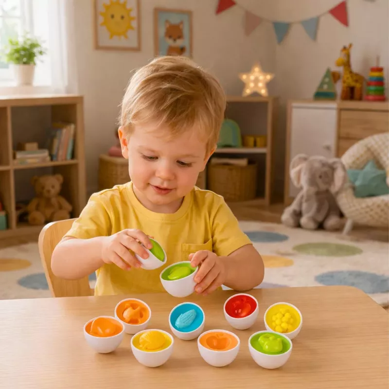LEAN TOYS Izglītojošs olu šķirotājs, formu atbilstība, krāsaini augļi, 12 gab.