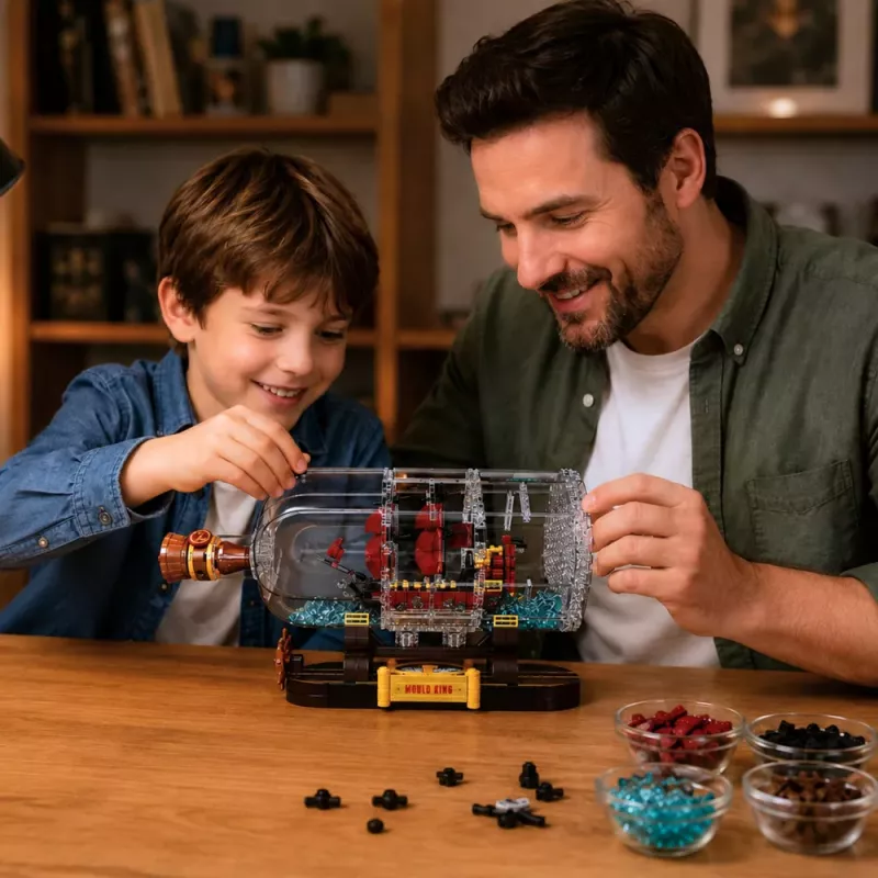 LEAN TOYS Kuģis pudelē konstrukcijas bloki dekoratīvs burukuģis brūns 885 gab.