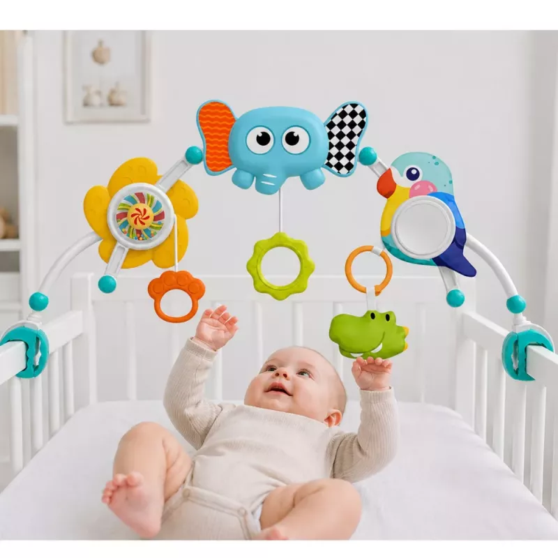 LEAN TOYS Sensoriskā arka ar ziloni gultiņai, autokrēsliņam, ratiņiem, spogulis, grabulis