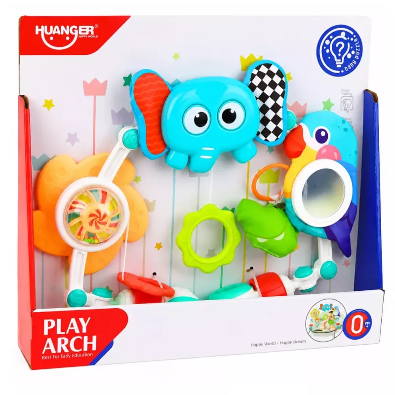 LEAN TOYS Sensoriskā arka ar ziloni gultiņai, autokrēsliņam, ratiņiem, spogulis, grabulis
