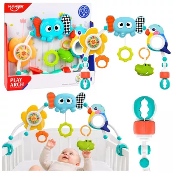 LEAN TOYS Sensoriskā arka ar ziloni gultiņai, autokrēsliņam, ratiņiem, spogulis, grabulis