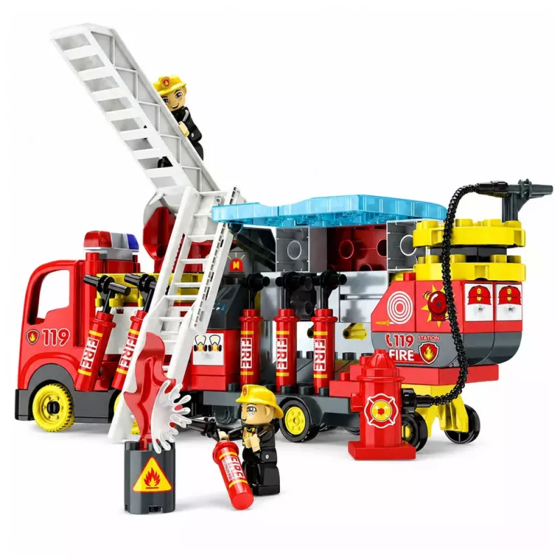 LEAN TOYS Salokāms ugunsdzēsēju auto būvēšanas bloku komplekts ar ugunsdzēsēju figūriņām, gaismām un skaņām, 94 gabali
