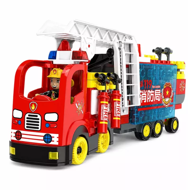 LEAN TOYS Salokāms ugunsdzēsēju auto būvēšanas bloku komplekts ar ugunsdzēsēju figūriņām, gaismām un skaņām, 94 gabali