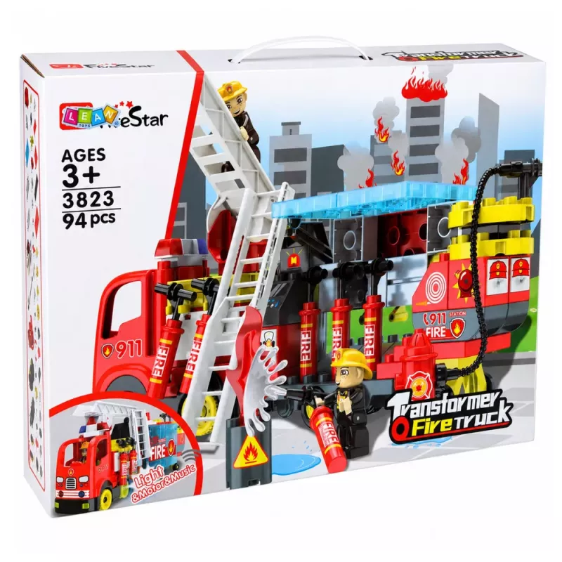 LEAN TOYS Salokāms ugunsdzēsēju auto būvēšanas bloku komplekts ar ugunsdzēsēju figūriņām, gaismām un skaņām, 94 gabali