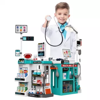 LEAN TOYS Lielais medicīnas komplekts ar medicīnas galdu, ārsta gaismām, skaņām un aksesuāriem, 77 daļas