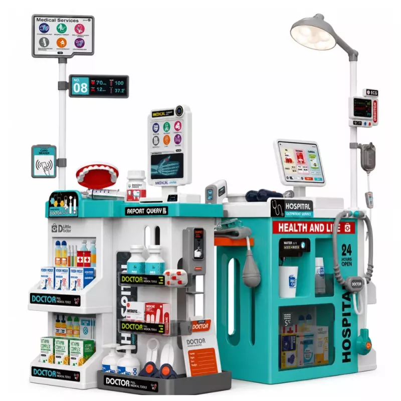 LEAN TOYS Lielais medicīnas komplekts ar medicīnas galdu, ārsta gaismām, skaņām un aksesuāriem, 77 daļas