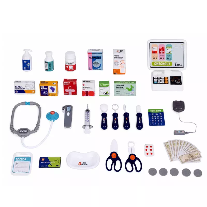 LEAN TOYS Lielais medicīnas komplekts ar medicīnas galdu, ārsta gaismām, skaņām un aksesuāriem, 77 daļas