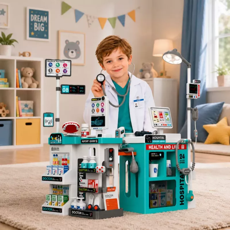 LEAN TOYS Lielais medicīnas komplekts ar medicīnas galdu, ārsta gaismām, skaņām un aksesuāriem, 77 daļas