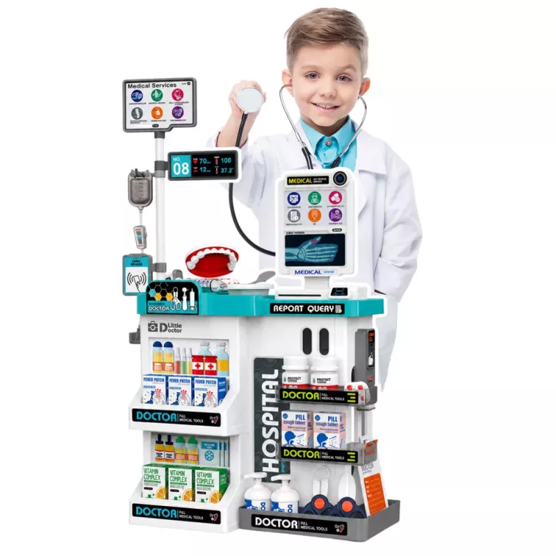 LEAN TOYS Lielais medicīnas komplekts ar izmeklēšanas galdu, gaismām, skaņām un aksesuāriem, 61 gab.