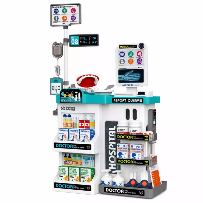 LEAN TOYS Lielais medicīnas komplekts ar izmeklēšanas galdu, gaismām, skaņām un aksesuāriem, 61 gab.