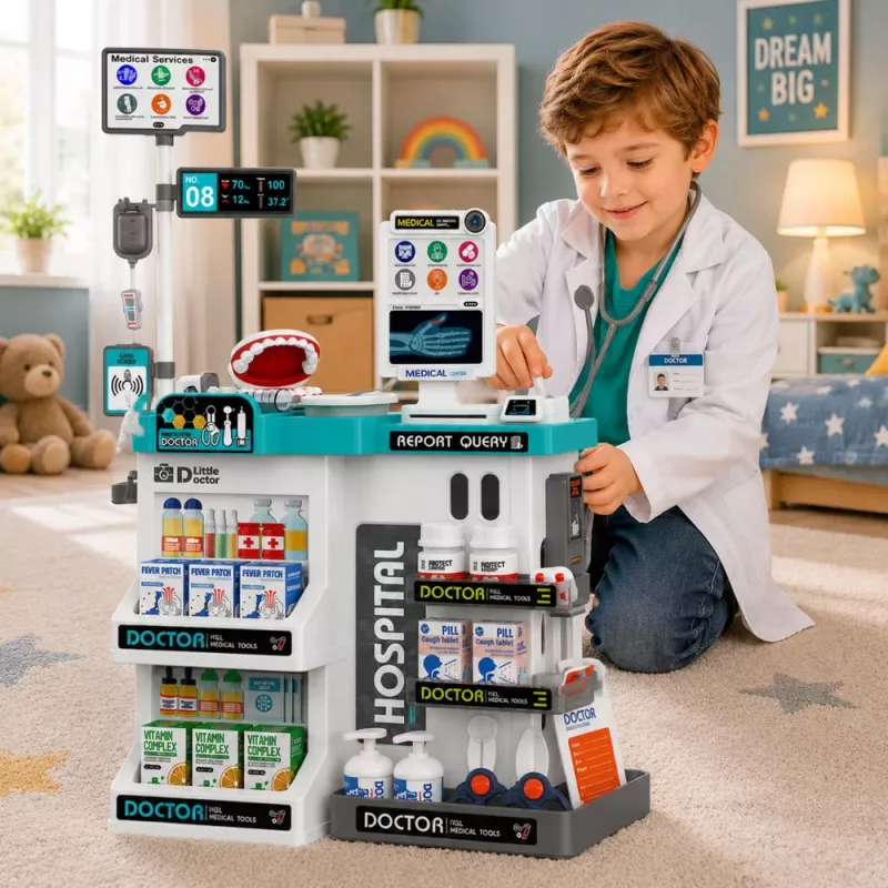 LEAN TOYS Lielais medicīnas komplekts ar izmeklēšanas galdu, gaismām, skaņām un aksesuāriem, 61 gab.