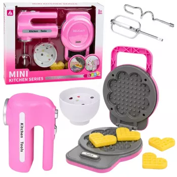 LEAN TOYS Virtuvītes komplekts ar vafeļu pannu un mikseri, maināmiem uzgaļiem, gaismām un skaņām, rozā