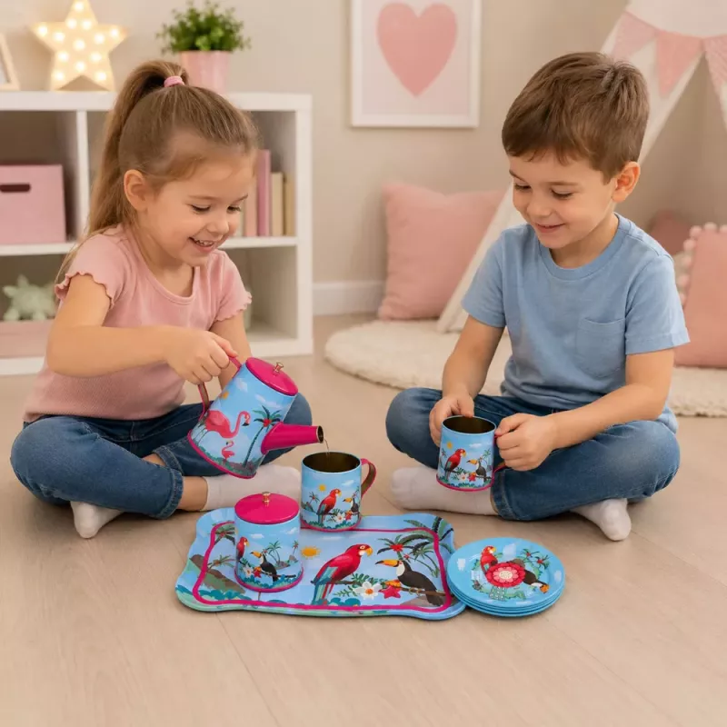 LEAN TOYS Tējas komplekts ar papagaiļiem, metāls, eksotisks raksts, 12 gab.
