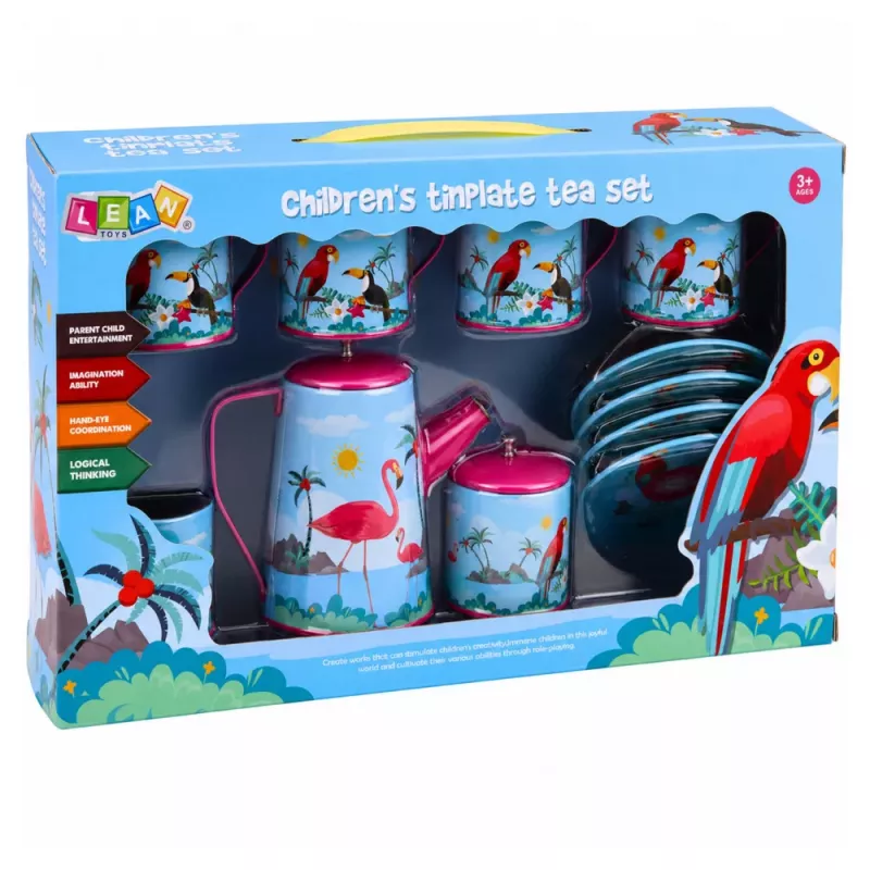 LEAN TOYS Tējas komplekts ar papagaiļiem, metāls, eksotisks raksts, 12 gab.