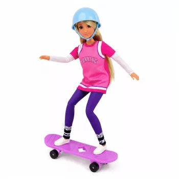 LEAN TOYS Anlily lelle ar violetu skeitbordu, ķiveri un garo sporta krekliņu komplekts