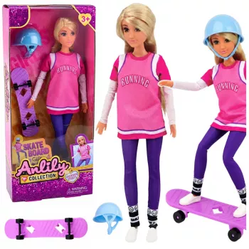 LEAN TOYS Anlily lelle ar violetu skeitbordu, ķiveri un garo sporta krekliņu komplekts