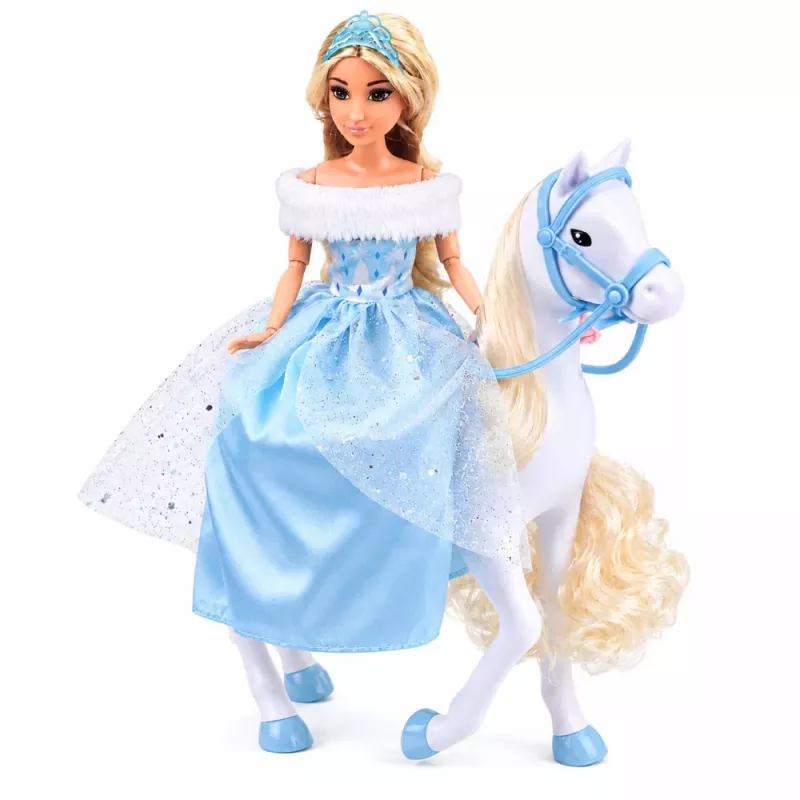 LEAN TOYS Anlily lelle uz balta zirga princese zilā kleitā ar aksesuāriem