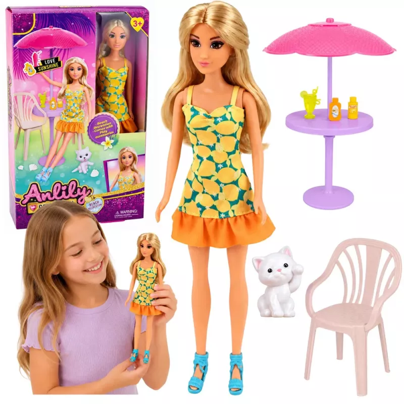 LEAN TOYS Anlily Doll in Yellow Dress with Kitten Garden Furniture Umbrella Accessories