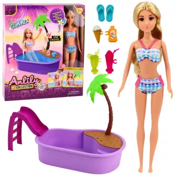 LEAN TOYS Anlily Doll in the Pool Slide Palm Tree Beach Accessories Set
