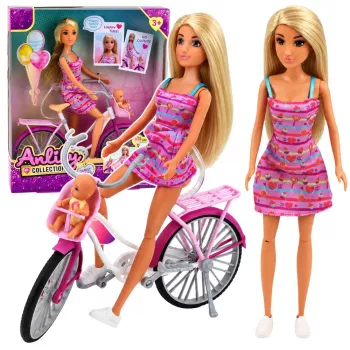 LEAN TOYS Anlily Doll in Pink Dress with Bicycle and Baby Seat Set
