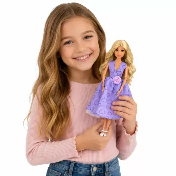 LEAN TOYS Anlily modes lelle purpura kleitā ar sirsniņām un somas aksesuāru komplekts